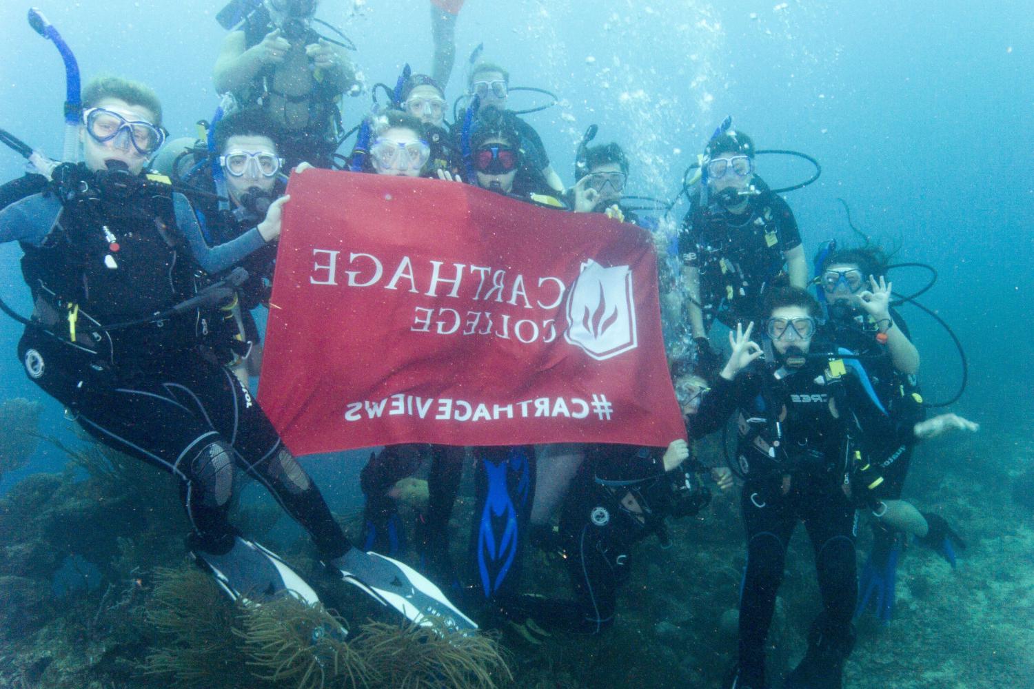 学生们手持<a href='http://rsou.ngskmc-eis.net'>博彩网址大全</a>旗帜，在j学期洪都拉斯游学之旅中潜水.